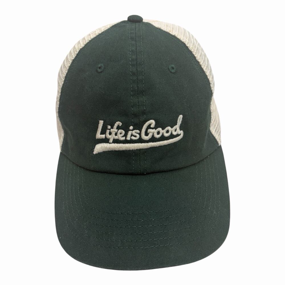 Life is Good Trucker Hat Green Cream Mesh Snapback Logo Baseball Cap OSFA